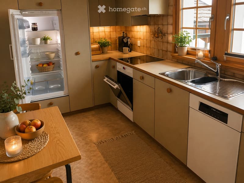 Modern kitchen with light wood cabinets, stainless steel appliances, and a small dining area. Features include a refrigerator, oven, dishwasher, sink, and a small table with a bowl of apples and a candle.