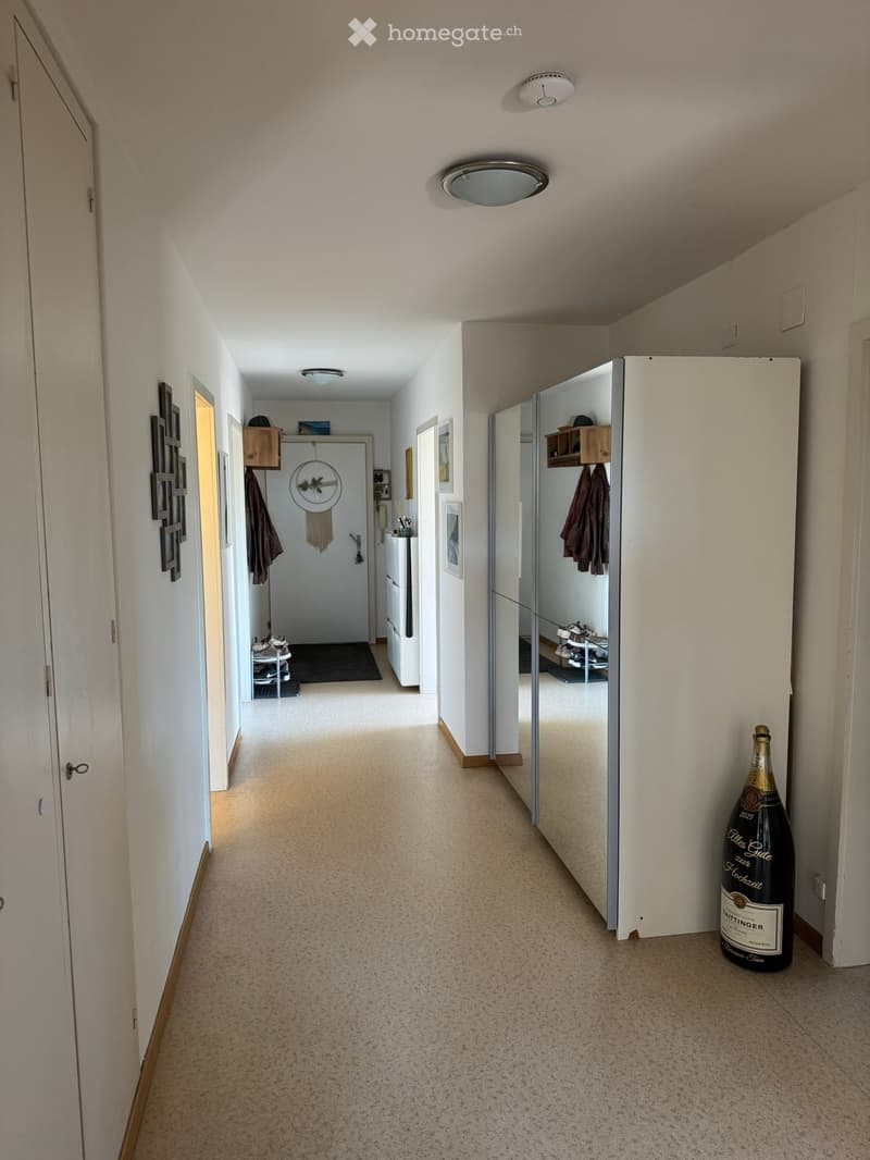 A clean, well-lit hallway with beige carpeting, white walls, and recessed lighting. Features include a coat rack, a small shelf, and a decorative wall hanging.