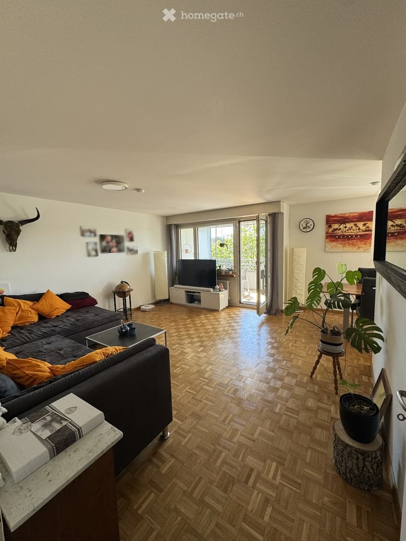 Modern living room with wooden herringbone flooring, large sliding glass doors leading to a balcony, a dark sectional sofa with orange cushions, a coffee table, a television on a stand, and several potted plants.