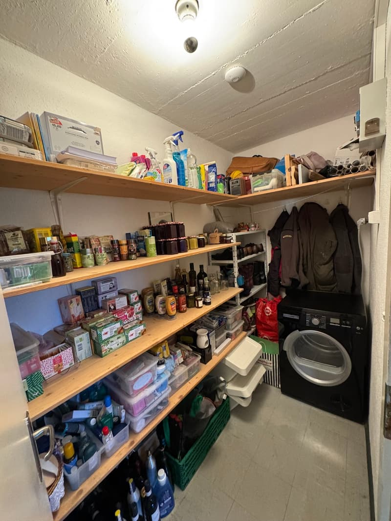 A well-organized utility room with wooden shelves stocked with cleaning supplies, bottled drinks, and plastic containers. A washing machine is positioned against the wall, and clothing and a handbag are stored on a rack.