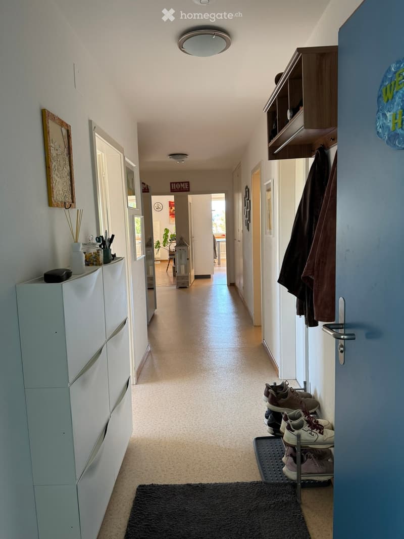 A well-lit hallway with beige carpeting, white walls, and modern ceiling lights. Features include a built-in shoe rack, a coat rack with jackets, a small cabinet with decorative items, and a framed picture on the wall. The hallway leads to an open area wi