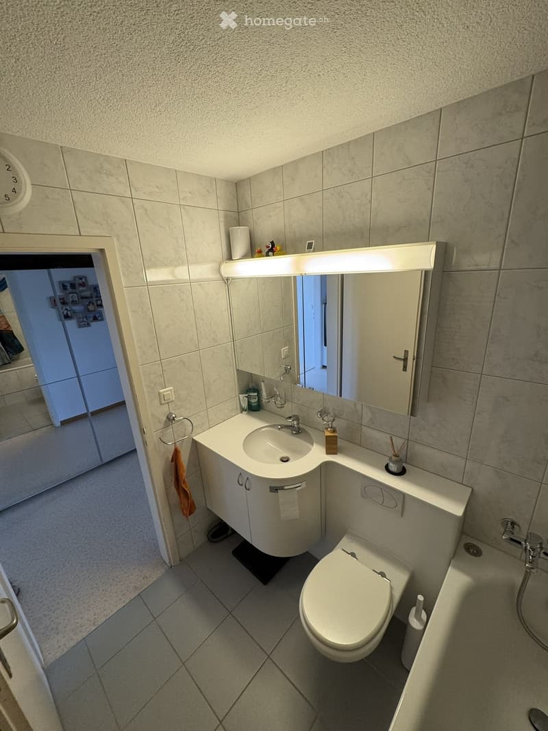 Modern bathroom with a corner sink, toilet, mirror, and built-in cabinet. Features tiled walls and floor, a towel hanging on a rack, and a small shelf with toiletries.