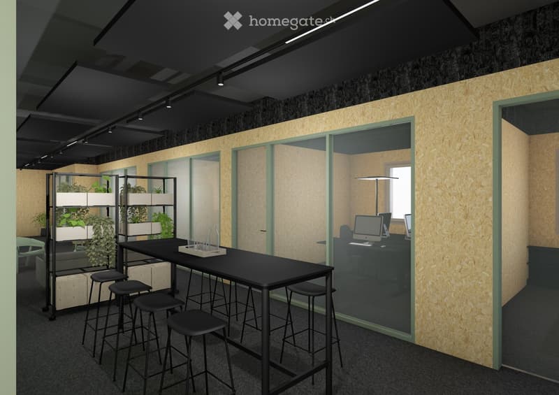 Modern office space with a long black table surrounded by black stools, glass partitions, a computer screen, and a shelf with plants.