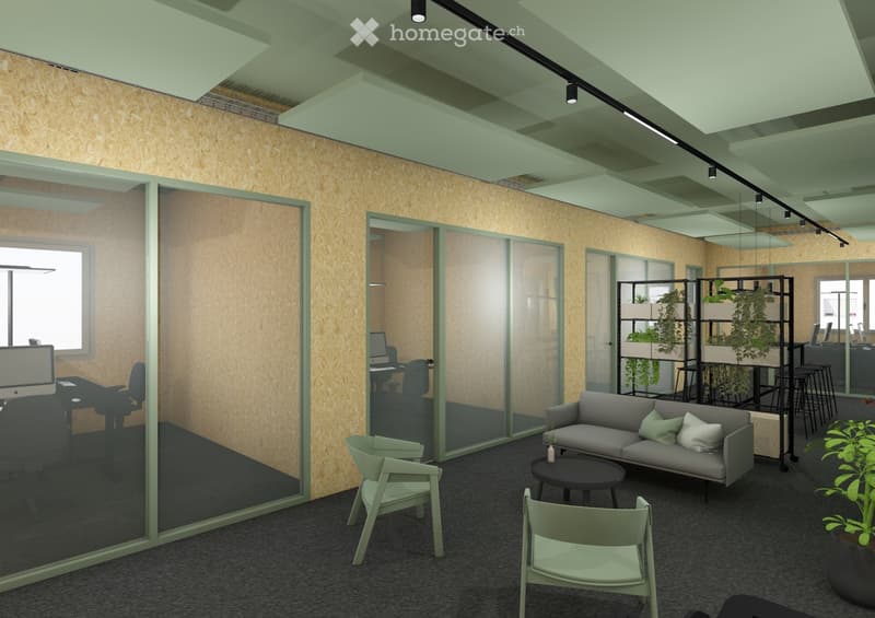 Modern office space with a lounge area featuring a grey sofa, coffee table, and chairs. Glass partitions separate work areas with desks, office chairs, and computer screens. Green plants add a touch of nature.