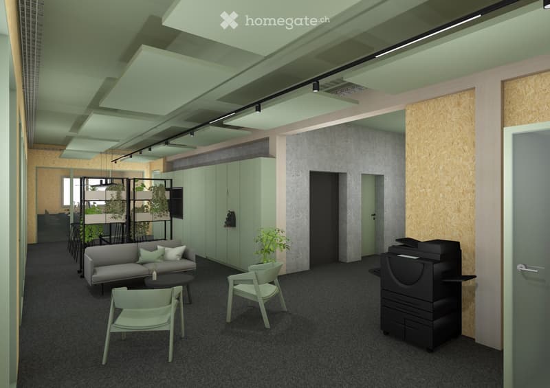 Modern office lounge area with a grey sofa, coffee table, chairs, printer, and potted plants.