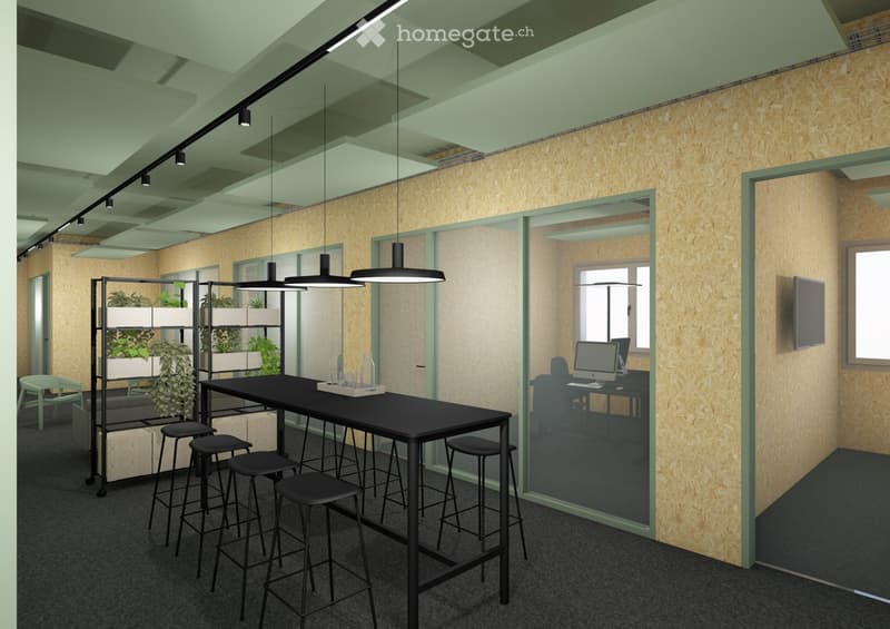 Modern office space with a long black table surrounded by black stools, a glass partition, a computer workstation, and a shelving unit with plants.