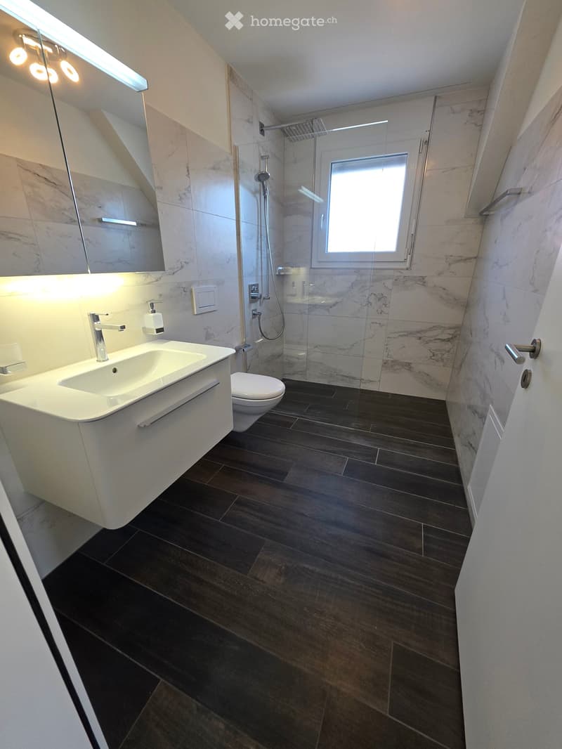 Modern bathroom with dark wooden flooring, white marble walls, a sink with a chrome faucet, a toilet, a glass-enclosed shower, and a large mirror with integrated lighting.