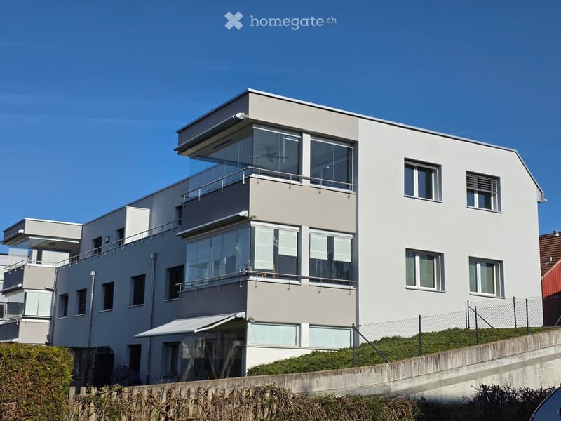 Modern two-story house with white exterior, large windows, and balconies.