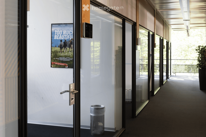 Modern hallway with glass walls, a poster on the wall, and a trash can on the floor.