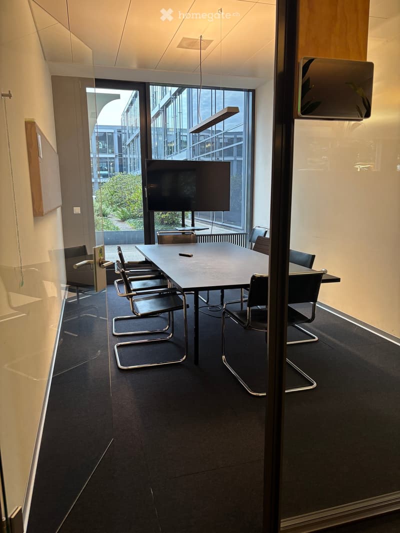 Modern office meeting room with a long rectangular table, several chairs, and a large screen. The room has large windows with a view of greenery outside.
