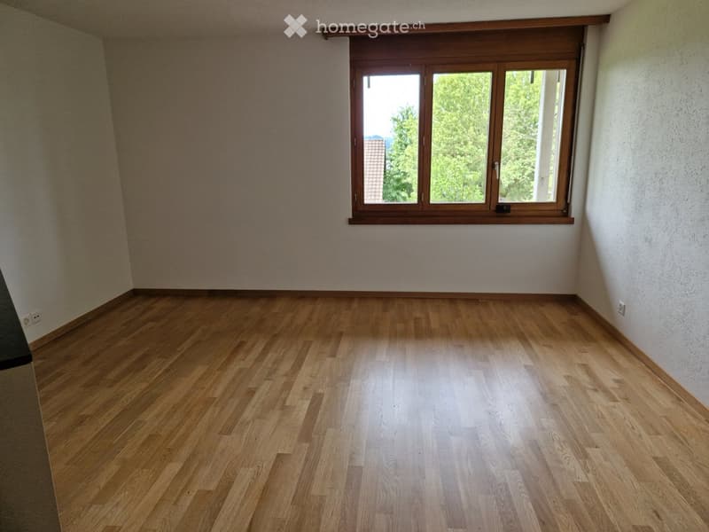 Empty room with wooden flooring and a large window with wooden frame, showing greenery outside.