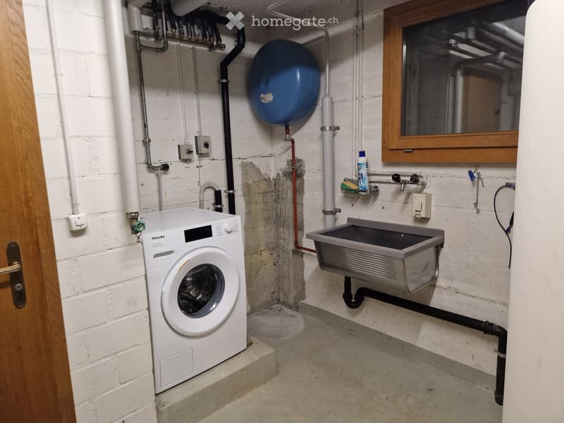 Utility bathroom with a white washing machine, a grey sink, a mirror, and cleaning supplies on a shelf.