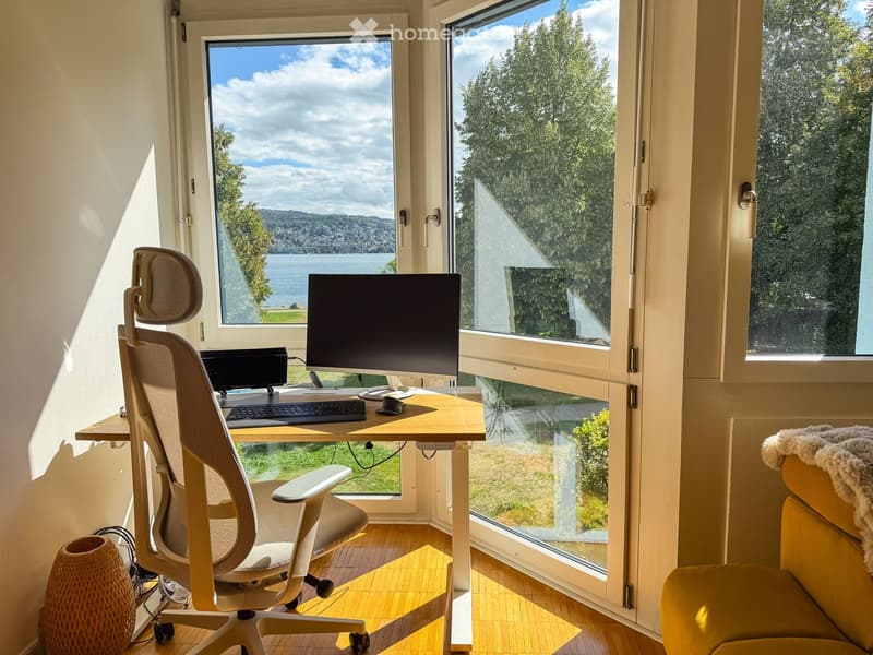 Bright room with large windows offering a scenic view of a lake and trees. Features a modern ergonomic chair, a desk with a computer setup, and a cozy yellow sofa with a fur throw.