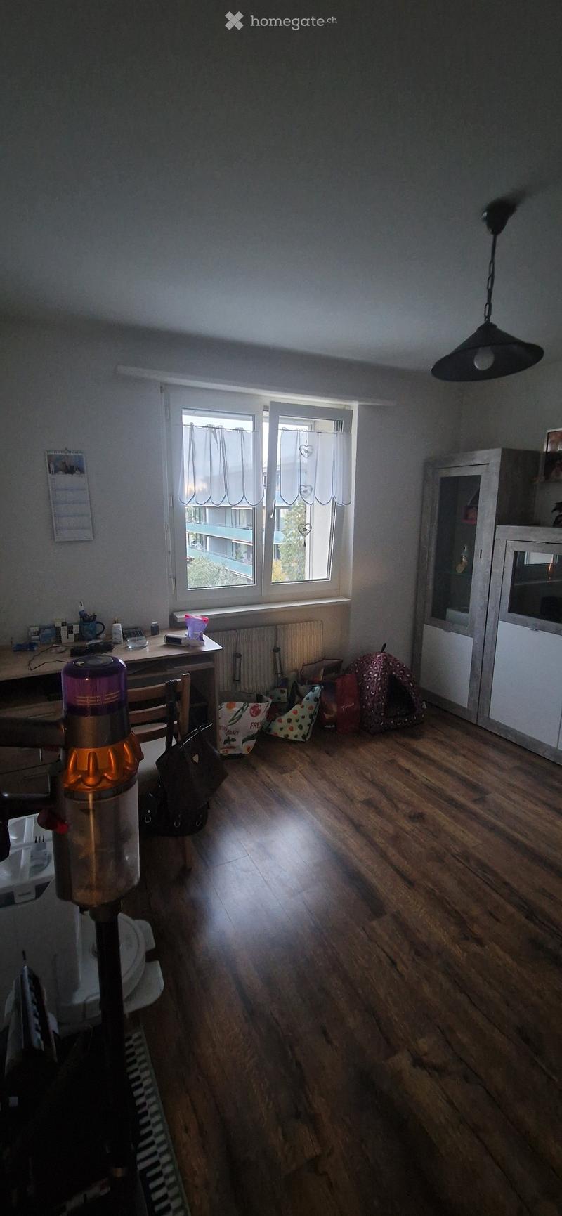 A furnished room with wooden flooring, a table with a chair, a cat bed, a radiator, a small cupboard, and a hanging lamp.
