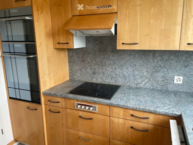 Modern kitchen with light wooden cabinets, granite countertop, induction stove, and built-in oven.