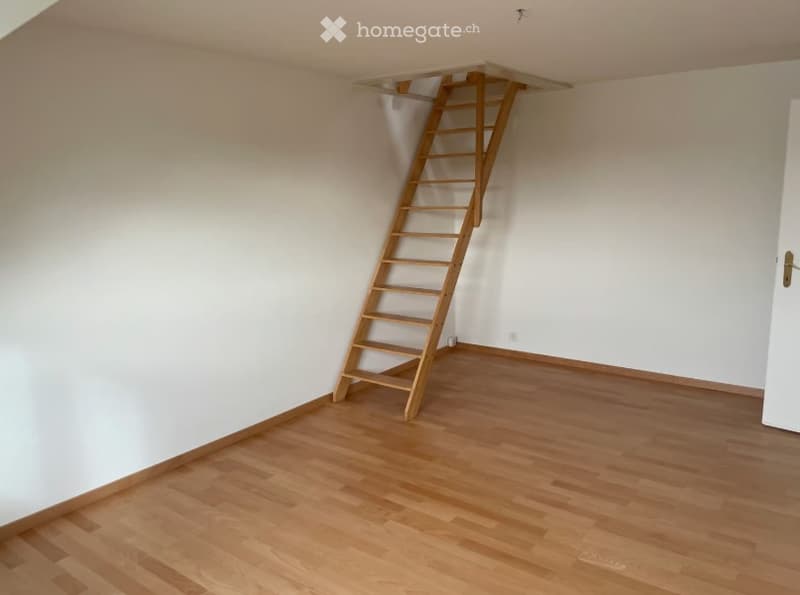 Empty room with wooden flooring, white walls, and a wooden folding ladder leading to an attic or loft space.