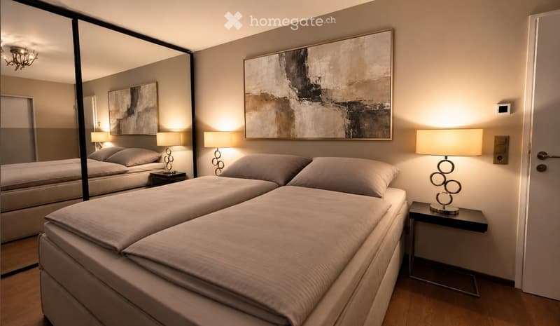 Modern bedroom with two single beds, nightstands, lamps, and artwork on the wall.