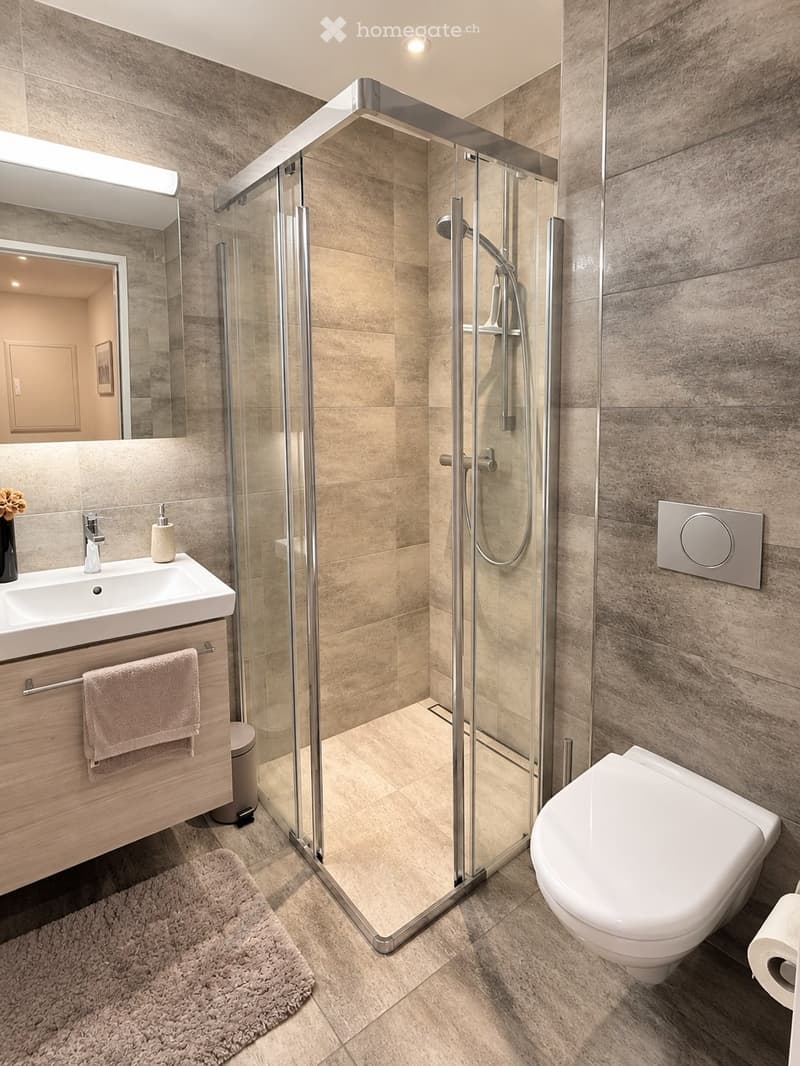 Modern bathroom with a glass-enclosed shower, a white sink with a mirror, a toilet, and a towel on a wooden cabinet.