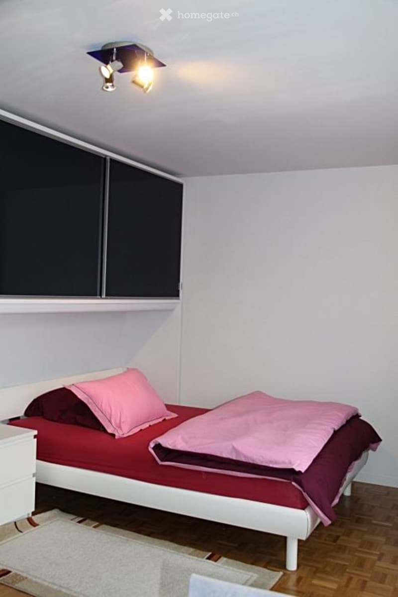 A modern bedroom with a white bed frame, red bedding, pink pillows, and a matching pink blanket. The room features wooden flooring, white walls, and built-in dark-colored cabinets above the bed.