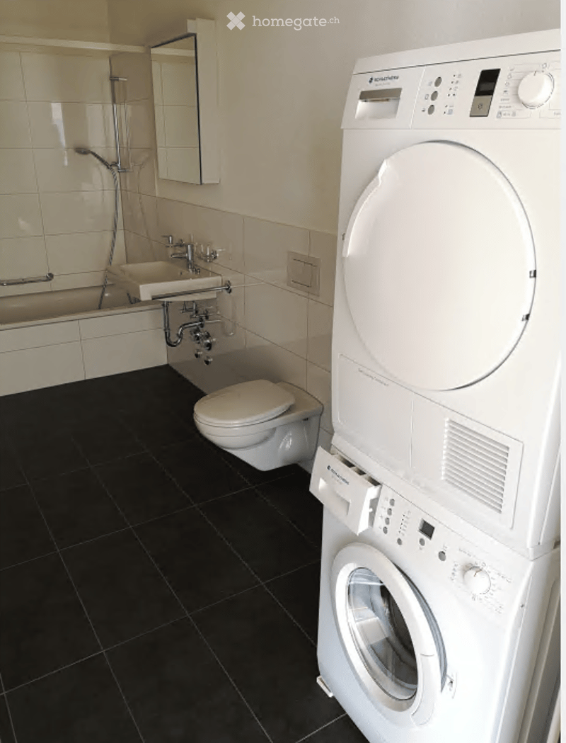 Modern bathroom with black tiled floor, white tiled walls, bathtub, toilet, sink, mirror, and a private washing machine.