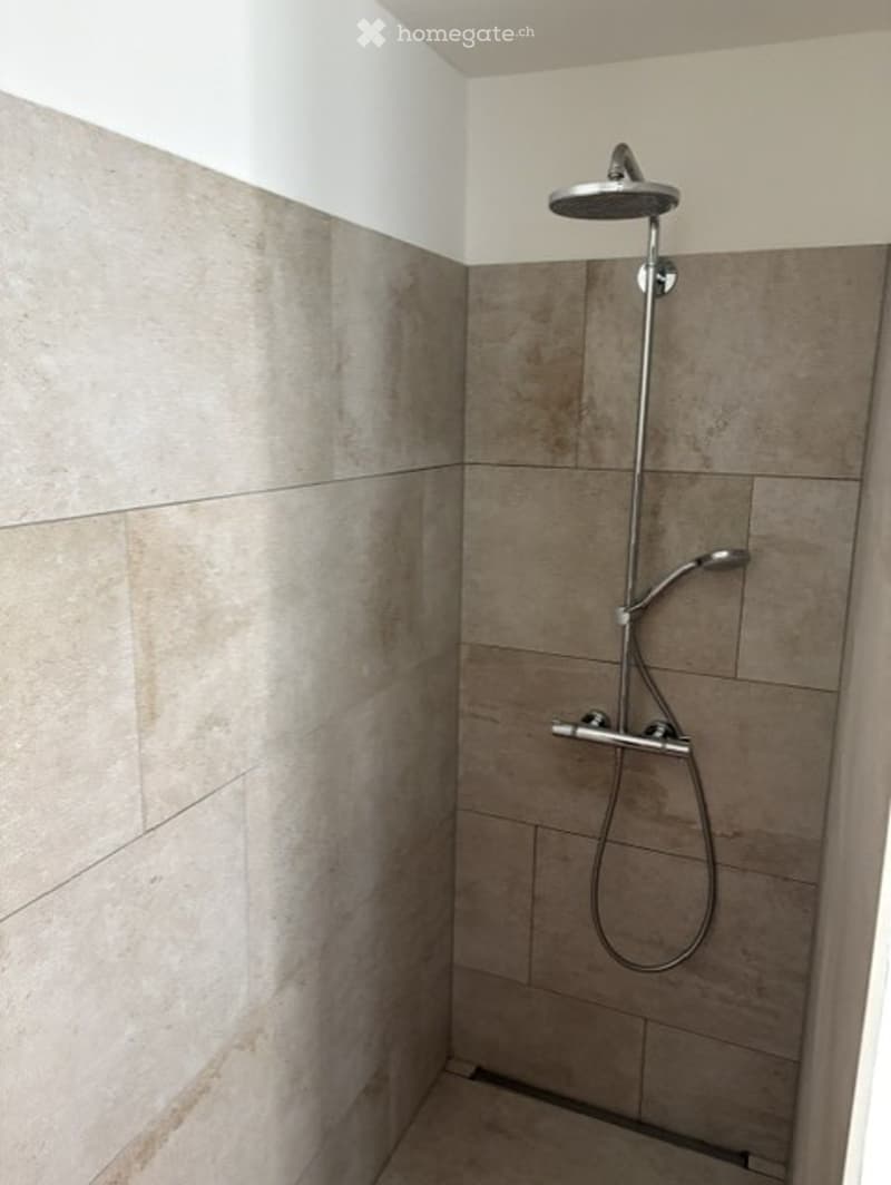Modern shower area with beige tiled walls and floor, featuring a sleek chrome showerhead and hose.