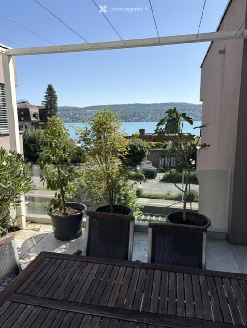 Balcony with wooden table and chairs, potted plants, scenic lake view in the background.