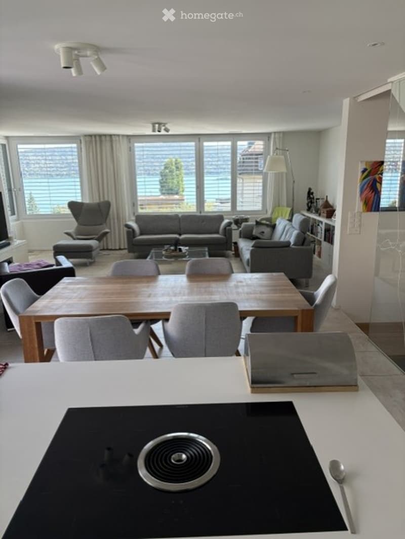 Open-plan living and dining area with large windows offering a view, featuring a grey sofa, coffee table, dining table with chairs, floor lamp, and a kitchen island with an induction cooktop.