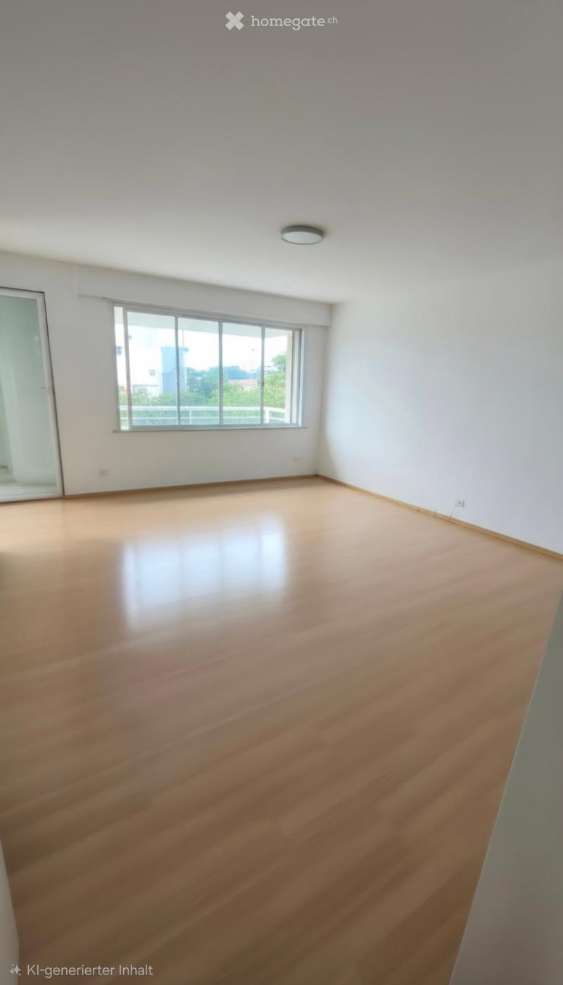 Empty room with wooden flooring, white walls, large window, and a sliding glass door.