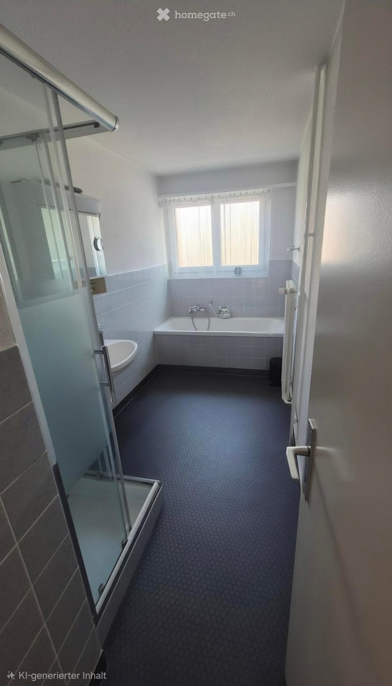 Modern bathroom with a bathtub, sink, and glass-enclosed shower stall. The room features tiled walls and a patterned floor.