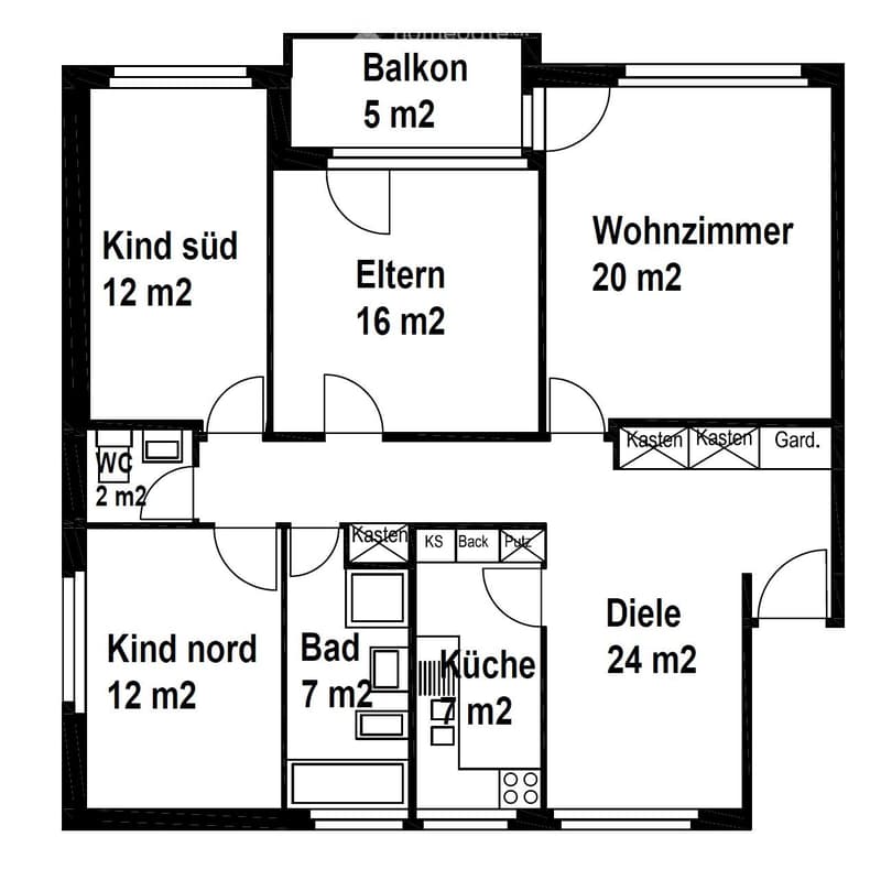 Floor plan of a 2-room apartment with a living room, two bedrooms, a bathroom, a kitchen, a hallway, and a balcony.