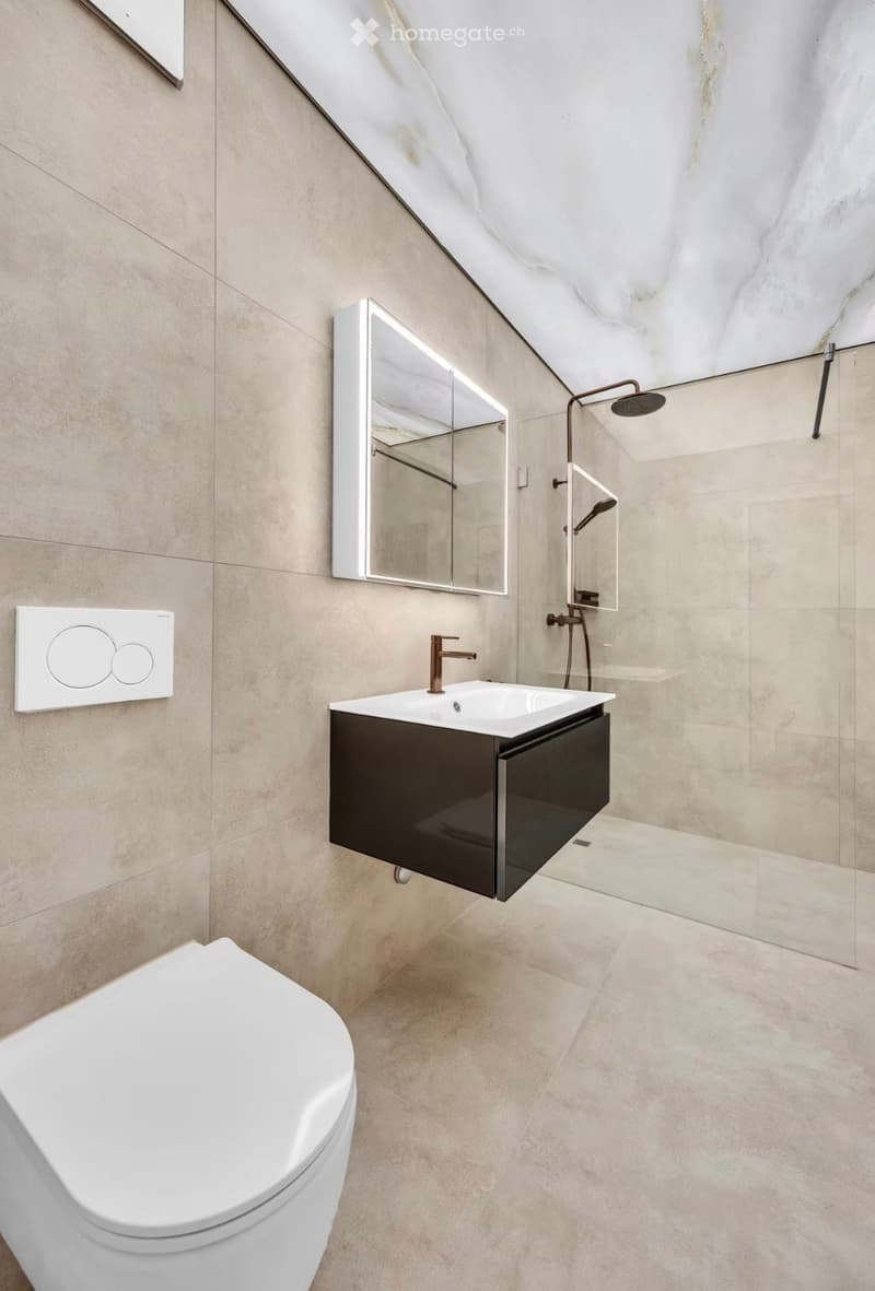 Modern bathroom with a white toilet, black vanity with a sink, a mirror, and a glass-enclosed shower area with a modern faucet.