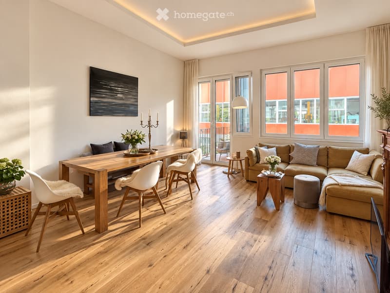 Modern living and dining area with light wood flooring, large windows, and a balcony. Features a sectional sofa, coffee table, ottoman, dining table with chairs, and decorative items.