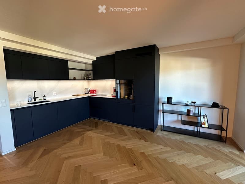 Modern kitchen with dark blue cabinets, wooden herringbone flooring, and a sleek black shelf unit holding books and decorative items.