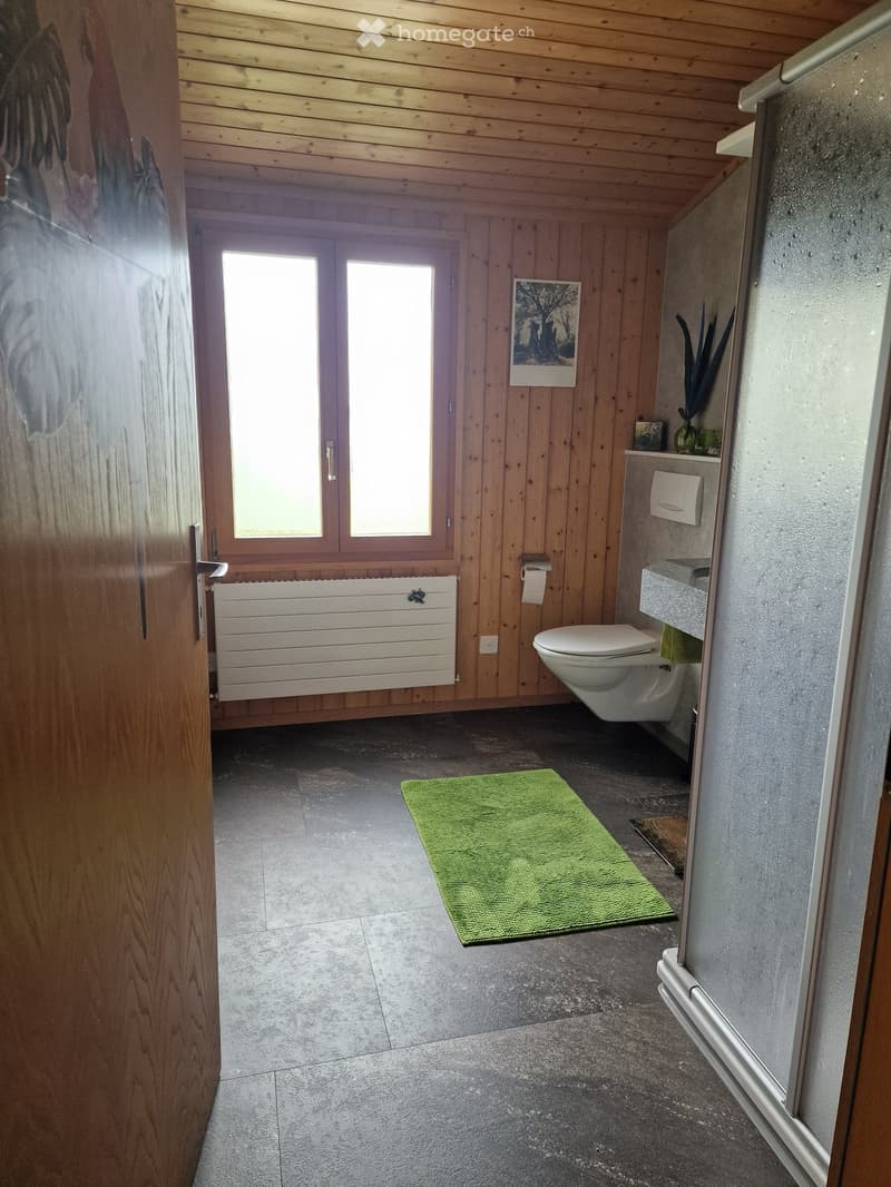 Bathroom with wooden walls and ceiling, grey tiled floor, toilet, sink, radiator, and a green bathroom rug.