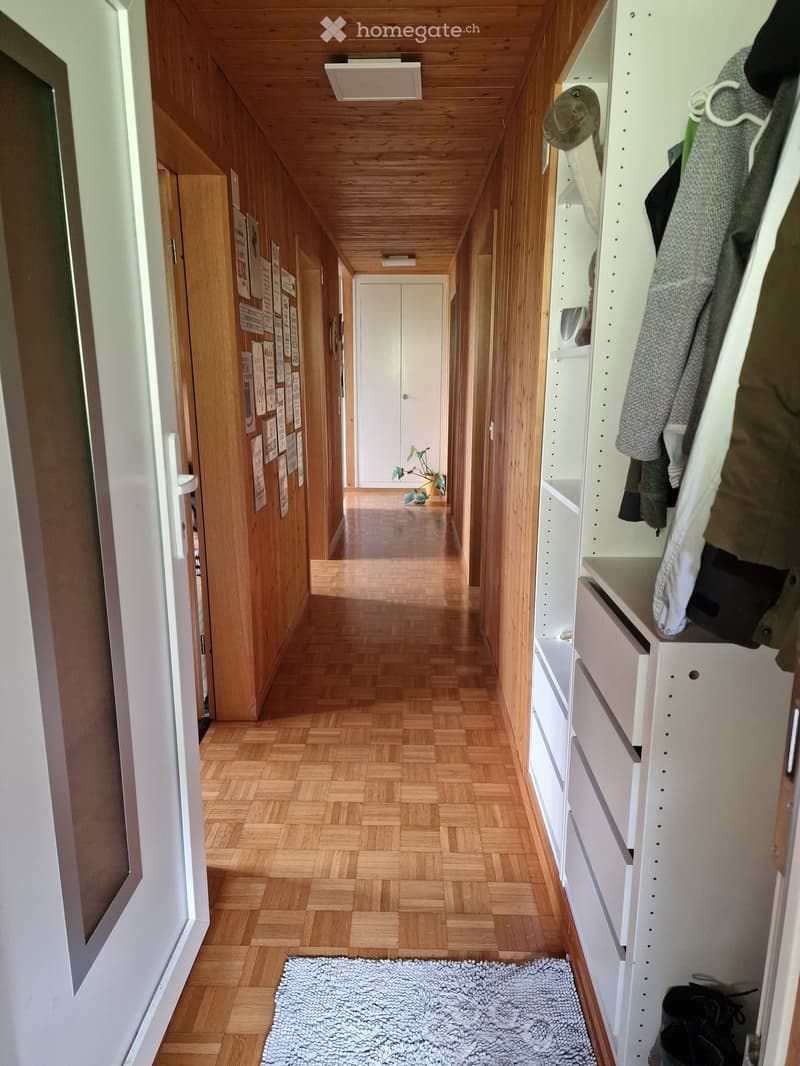Wooden hallway with herringbone flooring, built-in white closet with hanging clothes, small gray rug, and framed pictures on the wall.
