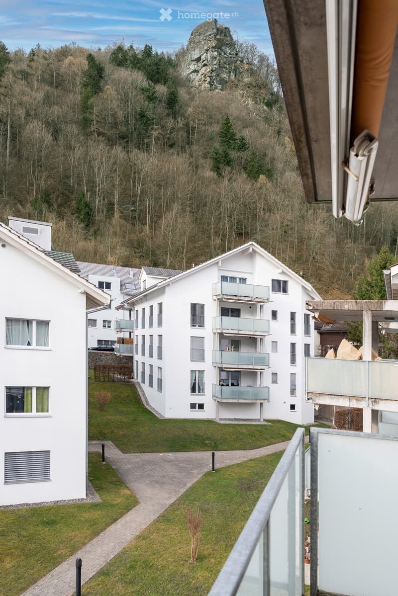 Modern white apartment building with multiple balconies overlooking a green lawn and forested hillside with a prominent rocky outcrop in the background.