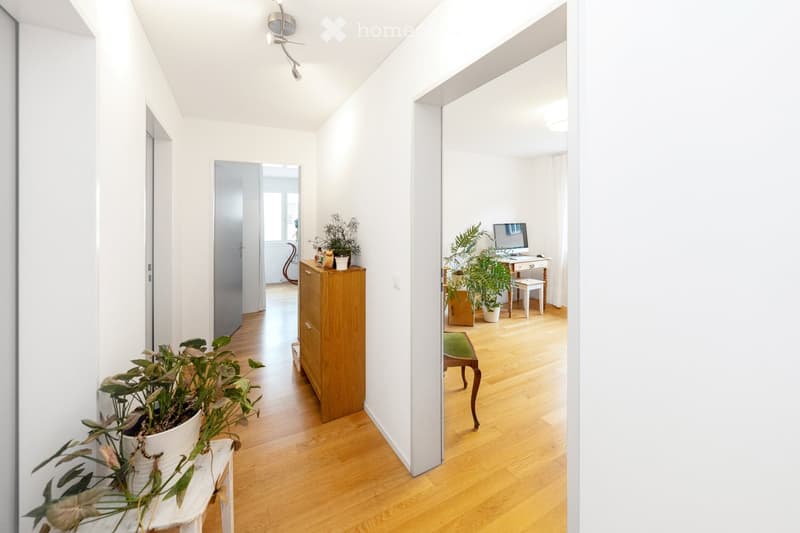 Bright hallway with wooden flooring, white walls, and several doors leading to different rooms. Features include a small wooden cabinet with potted plants, a wall-mounted light fixture, and a glimpse of a furnished room with a desk, computer, and addition