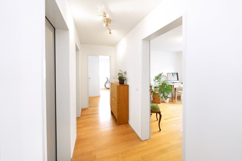 Bright hallway with wooden flooring, white walls, and a modern ceiling light fixture. The hallway leads to a room with a desk, chair, and potted plants.