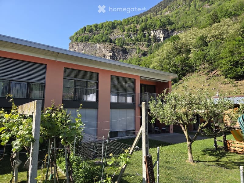 A modern two-story house with pink and white exterior, large windows, and a balcony. The house is surrounded by a well-maintained garden with fruit trees and a vineyard, set against a scenic mountainous backdrop.