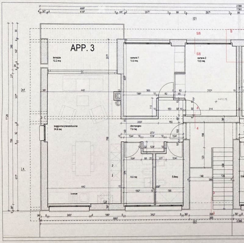 Floor plan of apartment number 3, showing layout with rooms labeled in Italian: terrazza (balcony), camera 1, camera 2, soggiorno/pranzo/lucino (living/dining area), disimpegno (hallway), and other spaces with dimensions.