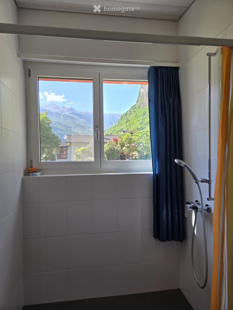 Modern bathroom with large windows offering a scenic mountain view, equipped with a shower and a dark blue curtain.