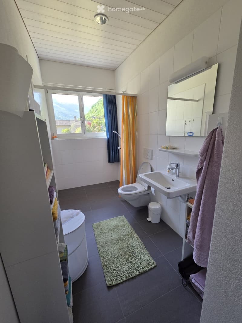Modern bathroom with a toilet, sink, mirror, and a green bathroom rug. Features a window with a view, a towel hanging on the wall, and a trash bin near the toilet.