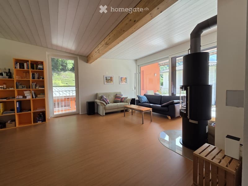 Bright living room with wooden floors, slanted wooden ceiling, large windows, two sofas, coffee table, bookshelf, and a wood-burning stove.