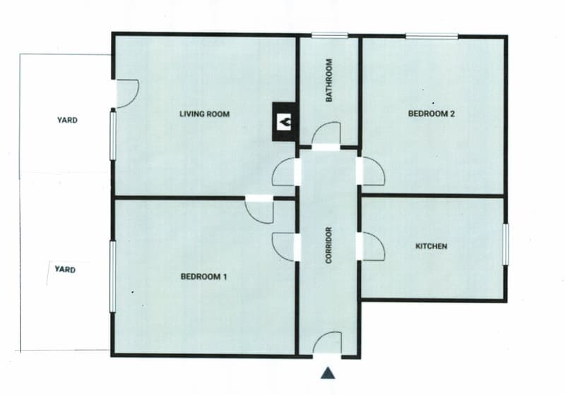 Floor plan of a house with a living room, two bedrooms, a kitchen, a bathroom, a corridor, and a yard.