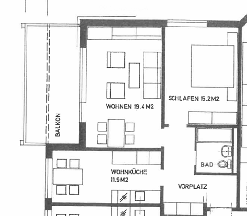 Floor plan of a 3-room apartment with living room, kitchen, bedroom, and bathroom, featuring a balcony.