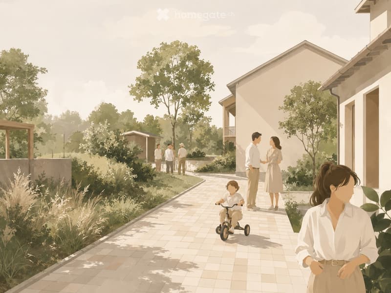 A peaceful garden area with a paved pathway, lush greenery, and a small wooden structure. People are walking and interacting in the space.