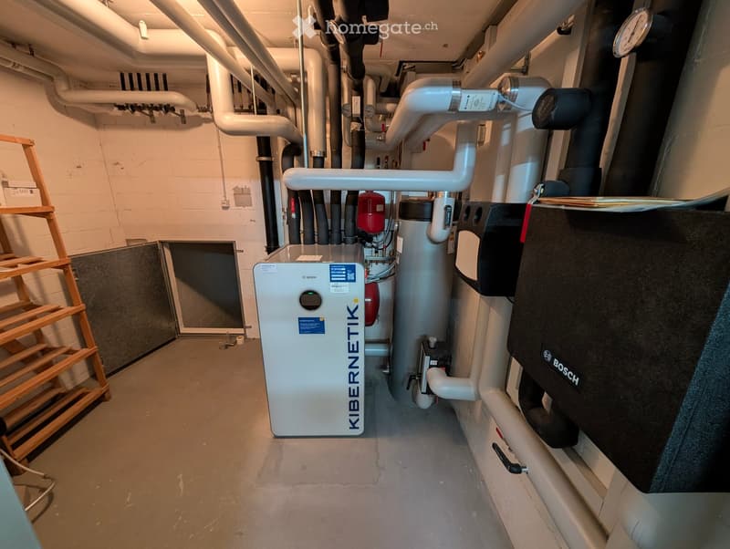 Utility area with heating and water systems, including a Bosch and Kibernetik unit, surrounded by white pipes and a wooden shelf on the left.