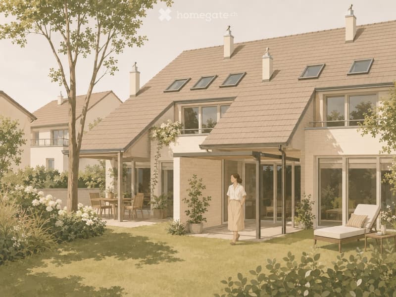 Modern two-story house with a tiled roof, large windows, and a spacious garden area with outdoor furniture and potted plants.