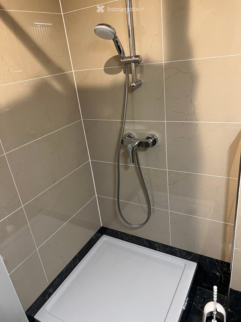 Tiled walls, shower with flexible hose, square shower tray, black and white trim