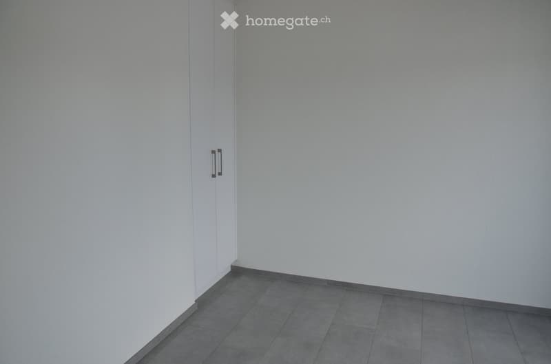 Empty room with light grey walls, dark grey tiled floor, and a white closet with black handles.